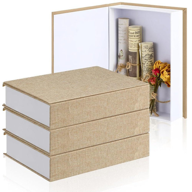 Tioncy 3 Pcs Neutral Linen Book Box for Decoration Faux Book Storage Box Modern Farmhouse for Bookshelf Coffee Table Decor DIY Crafts(8.6 x 6.1 x 1.8 Inch,Beige)