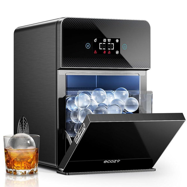 ecozy 2" Clear Ice Ball Maker with CrystalFlux Technology, 4 pcs in 40 Mins, 144 pcs/Day, Sphere Ice Maker with Enhanced Insulation, Self-Cleaning, Automatic Water Supply for Whiskey