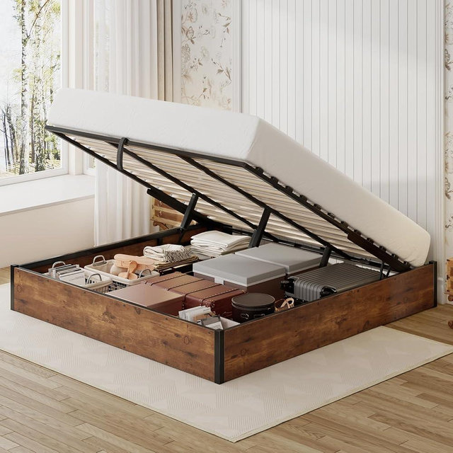 LUXOAK Lift Up Storage Bed Frame, King Size Wooden Slats Platform Bed Frame with Ample Storage Underneath, No Box Spring Needed, Noise Free, Rustic Brown