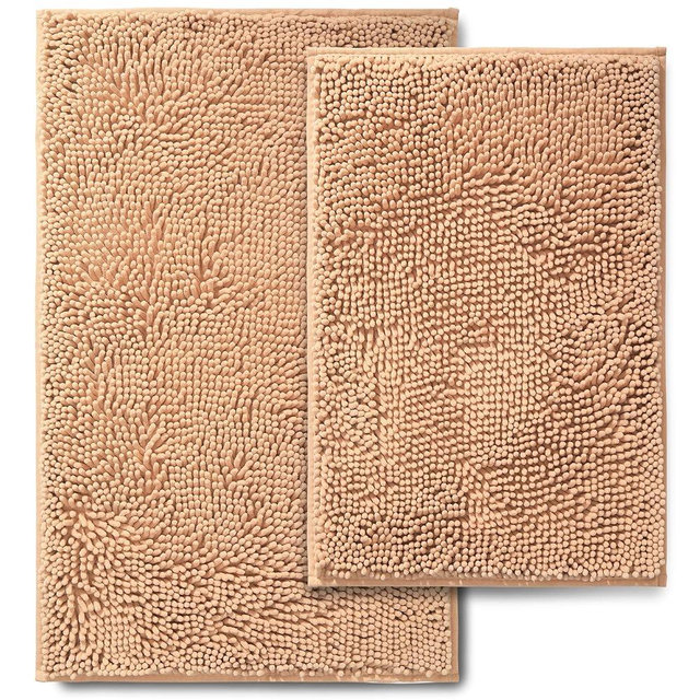 NUOVARUGS Bathroom Rugs 2 Piece Set – Absorbent, Non-Slip, Soft Chenille Bath Mat, Machine Washable, Comfortable Floor Mats (24"×17” & 20"×30”, Beige)