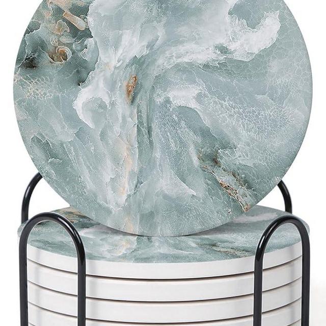 Hoomey Set of 6 Abstract Marble Coasters with Holder, Absorbent Ceramic Coasters for Drinks, Coasters with Cork Backing for Table Protection, Housewarming Gifts for New Home