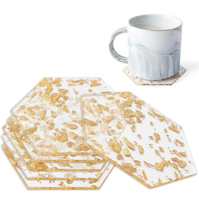 6Pcs Gold Foil Acrylic Cup Coaster, Transparent Round Acrylic Aesthetic Coasters with Holder, Minimalist Acrylic Drink Coaster Set for Tabletop Protection Kinds of Cups Bar Home Kitchen Decor