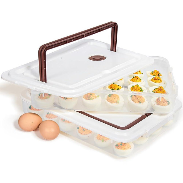 77L Deviled Egg Container with Lid, (Set of 2), Plastic Deviled Egg Tray Carrier with Handle for 48 Eggs, Clear Storage Egg Holder for Refrigerator, Fridge Stackable Countertop Portable Egg Dispenser