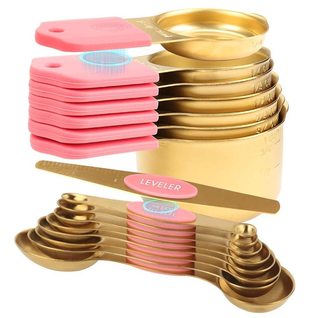 16-Piece Stainless Steel Measuring Cups and Spoons Set, Strong Magnetic Nesting Design 7 Cups 8 Spoons with Leveler, Double Measurement Markings for Dry & Liquid Ingredients, Pink & Gold
