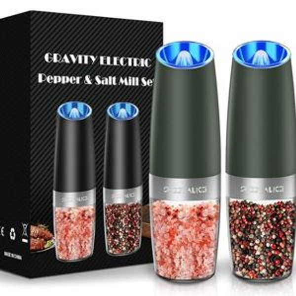 Sweet Alice Gravity Electric Pepper and Salt Grinder Set, Adjustable Coarseness, Battery Powered with LED Light, One Hand Automatic Operation, Dark Green, 2 Pack