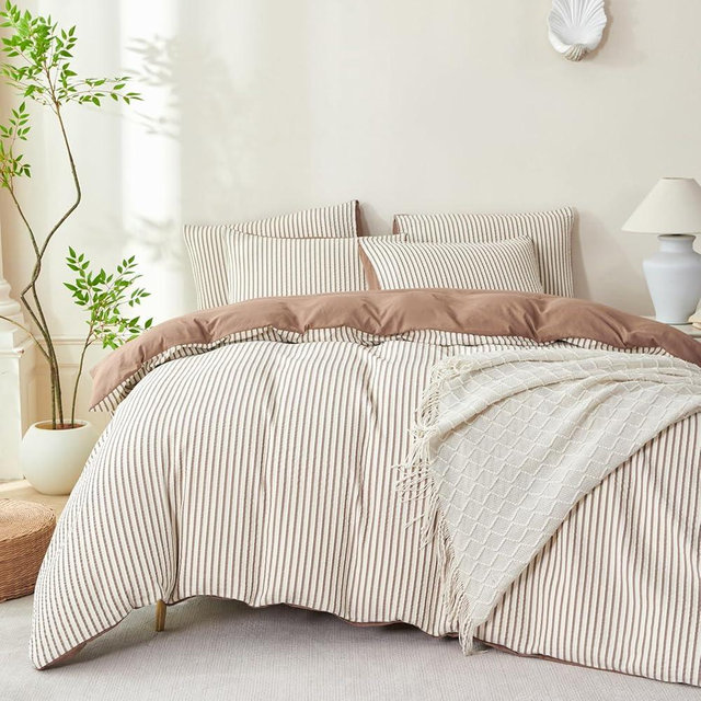 TISPLR Striped Duvet Cover King Dark Brown Washed Microfiber Jacquard 3 Pieces Bedding White Brown Vertical Ticking Stripes Pattern Comforter Cover with Zipper Closure Breathable Durable Soft Comfy