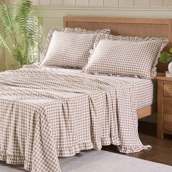 Gingham Queen Sheet Set, Lightweight Super Soft Brushed Microfiber Plaid Bed Sheets with 16" Deep Pocket, 4 Piece Ruffle Farmhouse Bedroom Decor, Taupe