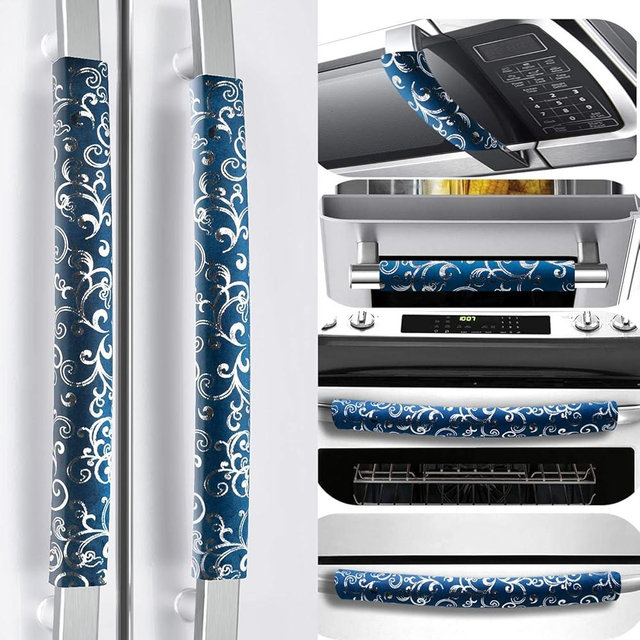 Volecy Refrigerator Door Handle Covers, Set of 6 Velvet Appliance Handle Covers Keep Appliance Clean for Fridge Microwave Stove Bathroom Catch Stains Dust Fingerprint Prevent Spread (Printed Blue)