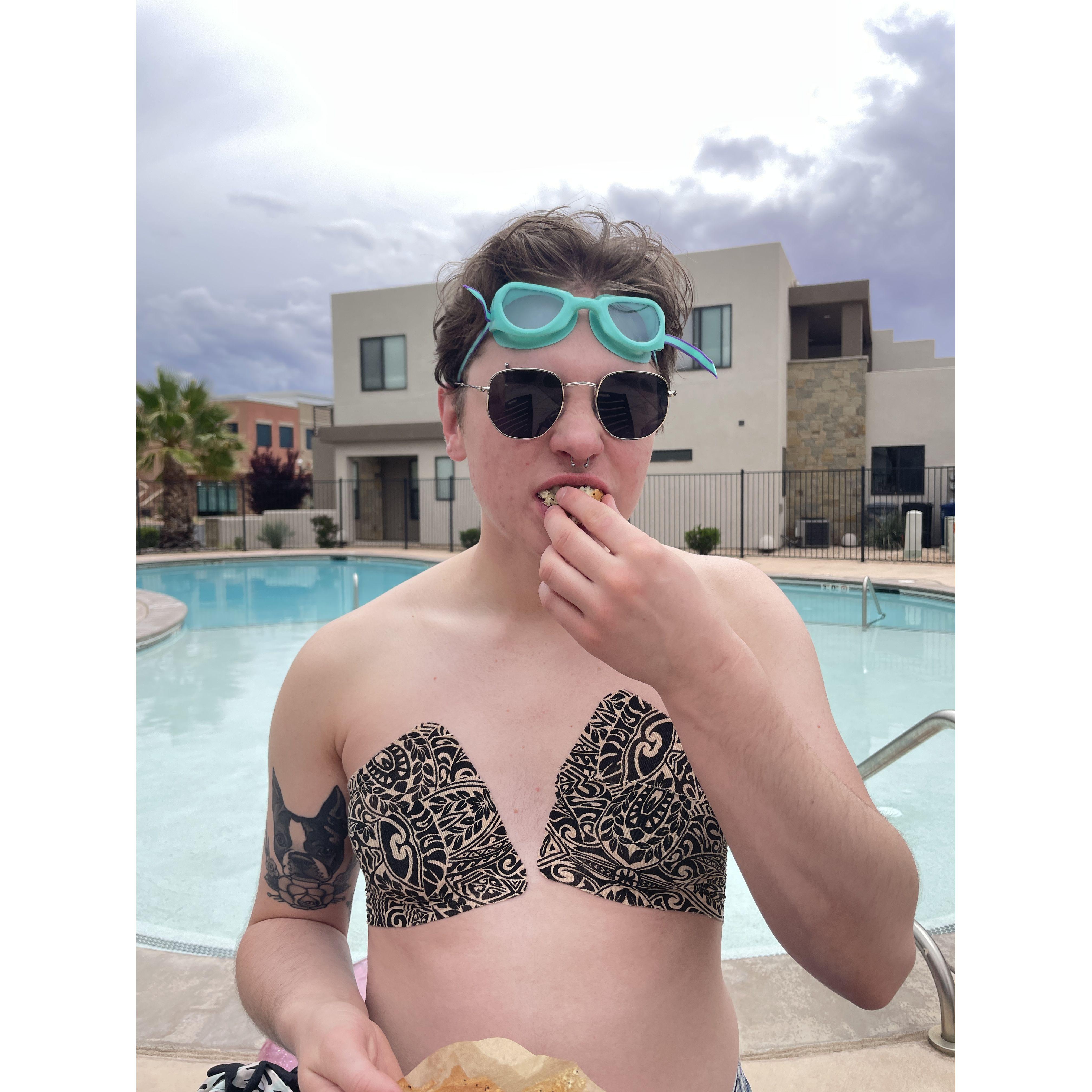 Last day in Saint George, Reed is ready to dive in the pool.