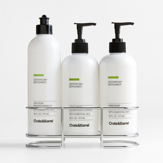 Geranium + Bergamot Hand Soap, Lotion and Dish Soap Set with Stainless Steel Caddy