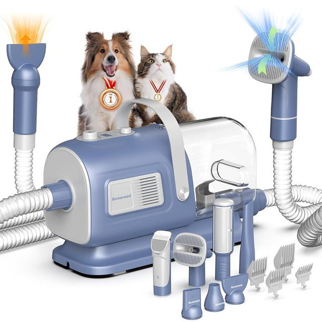 geoorood Dog Grooming Vacuum and Dryer Kit, Blower for Pet Vacuum Grooming 7 in 1 with Clippers for Dogs Hair Shedding Brush Remover Tools at Home Blue Grey