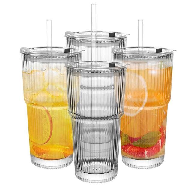wangsdjy 20oz Ribbed Drinking Glasses with Lids and Glass Straws-Thickened Glass cup -Vintage glass straw cups- Ideal for Iced Coffees, Cocktails, Juices, Family Use and Parties (4)