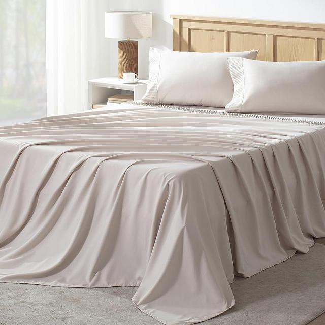 Andency Queen Sheet Set 4 Pieces, Oatmeal Super Soft Sheets for Queen Size Bed, Microfiber Queen Sheet Set, Deep Pocket Up to 16", Hotel Luxury Breathable & Cooling Bedding Sheets & Pillowcases