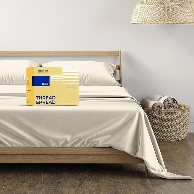 THREAD SPREAD Egyptian Cotton Sheets King Size - 600 Series Bliss Collection Sheets King Luxury Sheet King Size (4 PC, Ivory), 16" Deep Pocket, Soft, Cooling Sateen Hotel Bed Sheet Sets