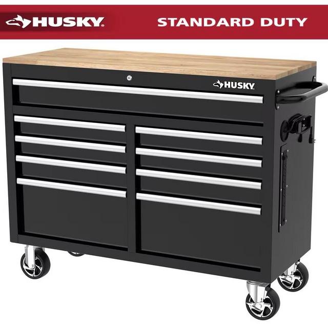 Tool Storage 46 in. W x 18 in. D 9-Drawer Mobile Workbench Cabinet in Gloss Black