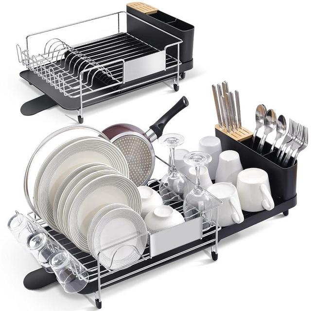 Urackify Dish Drying Rack, Expandable Stainless Steel Dish Rack with Drainboard Set Kitchen Sink Organizer for Counter, Large Capacity Kitchen Accessories with 360° Swivel Spout