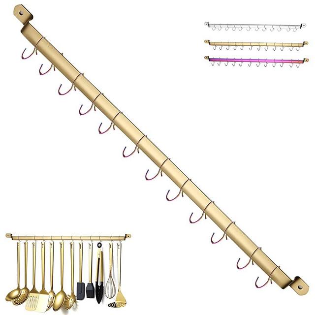 Kitchen Utensil Rack,Kyraton Kitchen Rack With Gold Titanium Plating,Rail Rack Organizer for Hanging Knives,Wall Mounted Gourmet Kitchen Rail with 14 Hooks