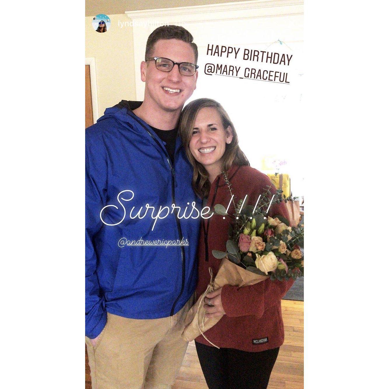 Andrew showed up on my front porch for my birthday and surprised me :)