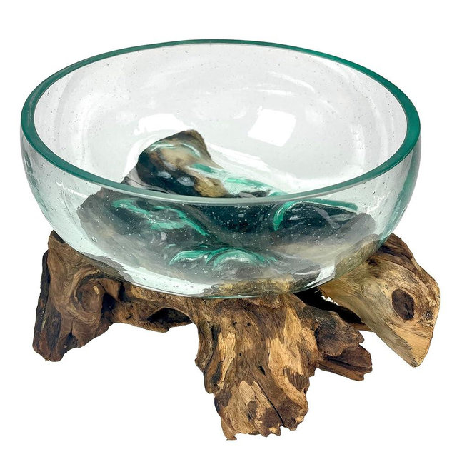 Molten Glass Bowl on Driftwood, 10 Inch Low Wide Hand Blown Decorative Bowl, Unique Natural Wood and Glass Sculpture, Table Centerpiece, Planter or Terrarium, Driftwood and Glass Bowl Decor for Home