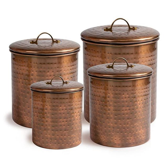 nu steel Hammered Antique Copper Stainless Steel 4pc Canister Set, Beautiful Food Storage Container for Kitchen Counter, Tea, Sugar, Coffee, Caddy, Flour Canister with Rubber seal lid, TG-1843AC-SET4