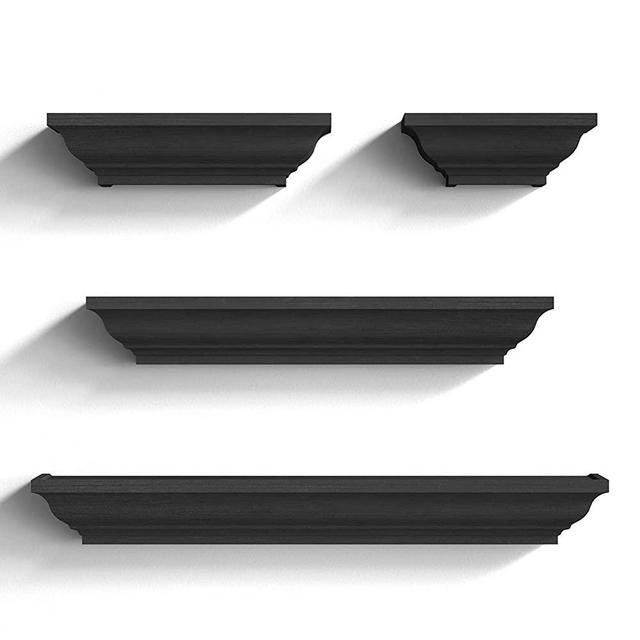 SRIWATANA Black Floating Shelves, Wood Storage Wall Shelves Set of 4 Display Ledge Shelves Decor for Bedroom, Living Room, Bathroom, Kitchen - Black