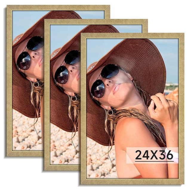 HLiWEGNS Matte Gold 24x36 Frame Set of 3 - Vintage 24 x 36 Poster Frame with Plexiglass for Wall Gallery Display, 24x36 Picture Frame for Puzzles, Artwork, Photos and Posters - Ideal Christmas Day