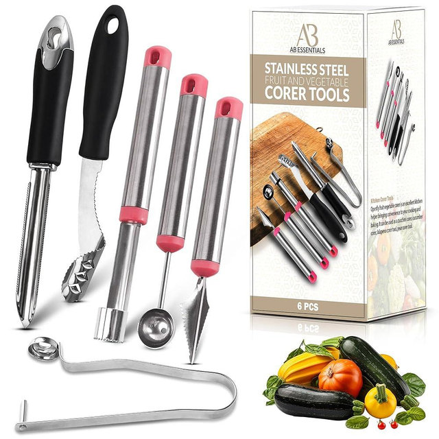 Fruit and Vegetable Corer Set – 6 PCS Stainless Steel Apple Corer, Jalapeno Tool, Melon Baller, Pepper Corer Seed Remover Tool, Pineapple Tomato & Zucchini
