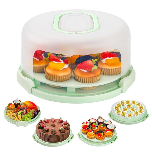NPLUX Green Cake Containers with Lids Round Plastic Cupcake Holders 4-in-1 Multipurpose Cake Carrier Holder for 11 Inch Cake Pies Cupcake Eggs Fruit or Snack Transport