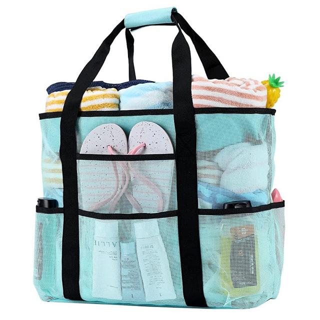 Beach Bags Waterproof Sandproof, Mesh Beach Bag for Women Swim Pool Bag Beach Tote Bag for Vacation Zipper Closure 9 Pockets