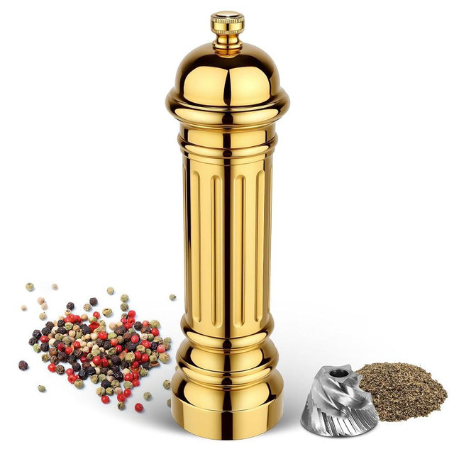 Aurevit Metal Pepper Grinder with Stainless Steel Core, Heavy Duty High Output Pepper Mill with Adjustable Coarseness, All-Metal Construction, Refillable (Gold)