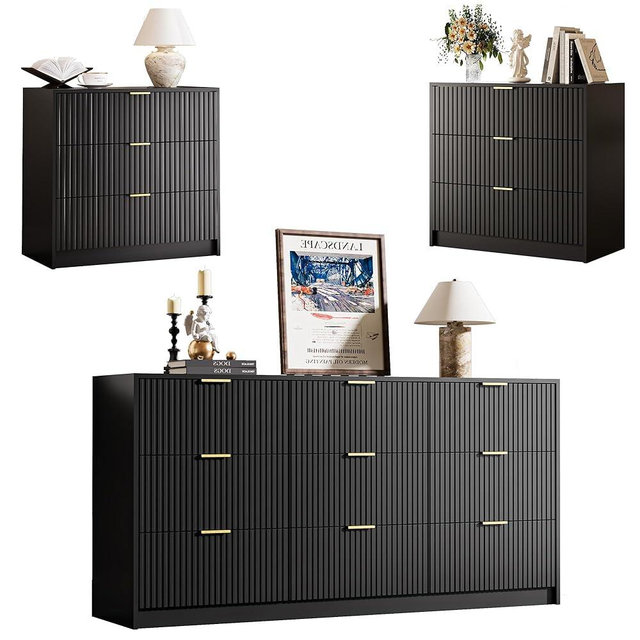 MAISONARIA 3-Piece Dresser Bedroom Set, 9 Drawer Dresser & 3 Drawer Nightstands with Gold Handles, Fluted Wood Chest of Drawers for Bedroom, Living Room, Entryway, Black