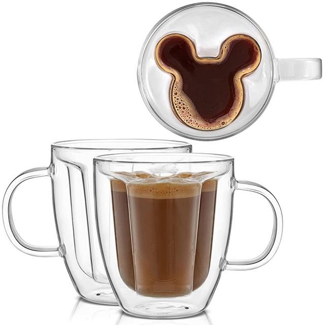 JoyJolt Disney Mickey Mouse 3D Coffee Cups 10oz. Glass Cups Set of 2 Insulated Double Wall Glass Coffee Cups with 3D Design. Insulated Coffee Cup Set. Unique Coffee Mugs, Espresso, and Disney Cups