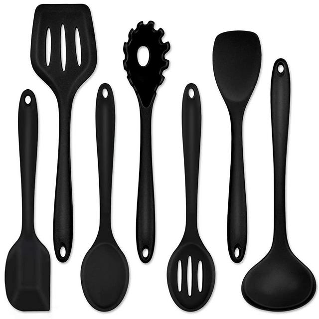 Kitchen Cooking Utensils Set of 7, P&P CHEF Heat-resistant Cooking Utensil Kitchen Spatula for Nonstick Cookware Cooking Serving, Slotted Turner, Soup Ladle, Spatula, Pasta Server, Spoon - Black