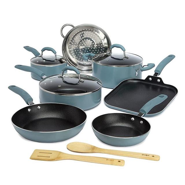 Goodful Premium Non-Stick Cookware Set, Dishwasher Safe Pots and Pans, Diamond Reinforced Coating, Made Without PFOA, 12-Piece, Turquoise