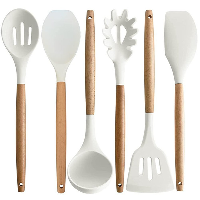 IOCBYHZ Kitchen Cooking Utensils Set 6Pcs Non-Stick Silicone Cooking Kitchen Utensil Spatula Set, Heat Resistant Wooden Handle Kitchen Gadget Utensil Set for Cookware & Baking Home Kitchen Accessories