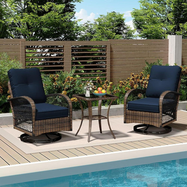 MELLCOM 3 Pieces Patio Furniture Set, Outdoor Swivel Rocker Patio Chairs, Wicker Patio Bistro Set with Rocking Chair, Thickened Cushions and Glass Coffee Table for Backyard, Garden, Navy Blue