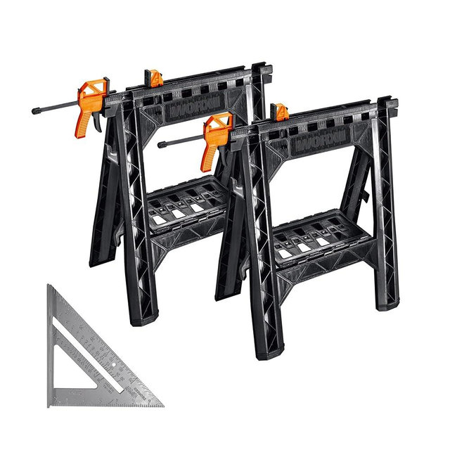 Worx WX065.3 Clamping Sawhorses with Bar Clamps and 7 Inch Metal Triangle Ruler