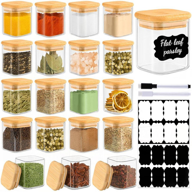 TBWIND 20 Pack 4 oz Square Glass Spice Jars with Lids and Labels – Airtight Small Seasoning Containers Set, Clear Glass Storage Jars for Seasoning, Spices, Kitchen Pantry Organization