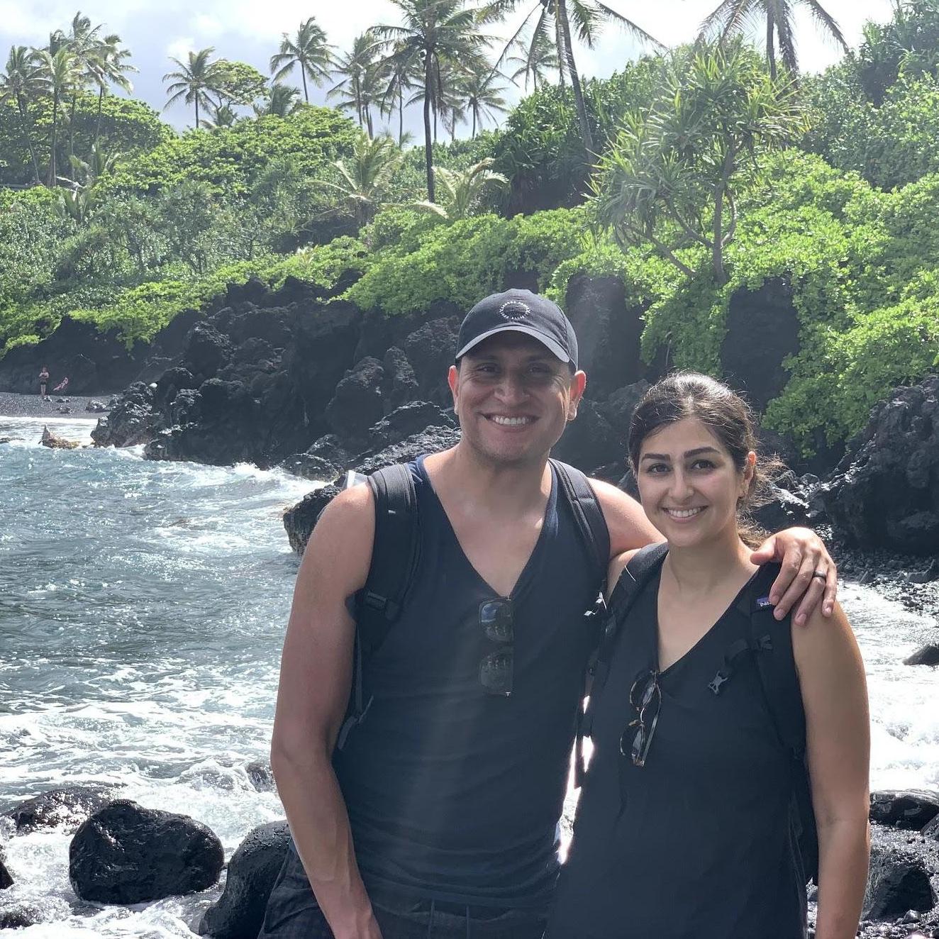 We wish we loved hiking as much as eating...but when in Hawaii you gotta put in some steps to see gorgeous beaches! Us at Black Sand Beach near the city of Hana