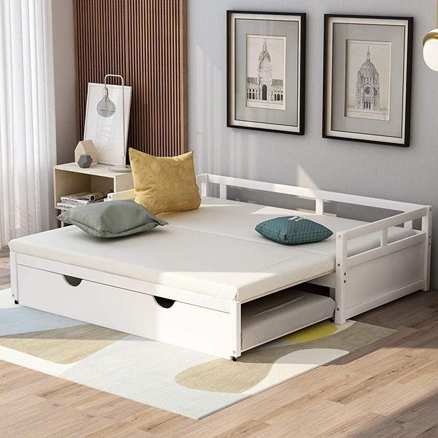 P PURLOVE Wood Daybed with Pull Out Trundle Extending Daybed with Twin Trundle, Trundle Daybed Twin Size for Kids/Teens,No Box Spring Required