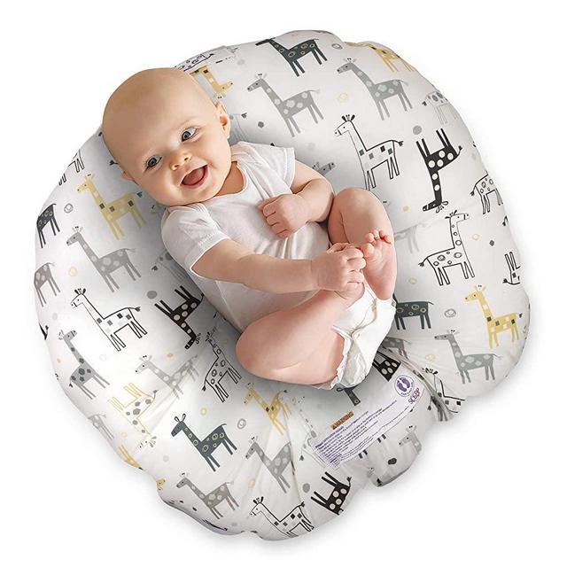 Boppy Newborn Lounger—Original | Lightweight Plush Chair with Carrying Handle | Infant Seat for Awake Time | Wipeable and Machine Washable | Gray and Gold Giraffes on White