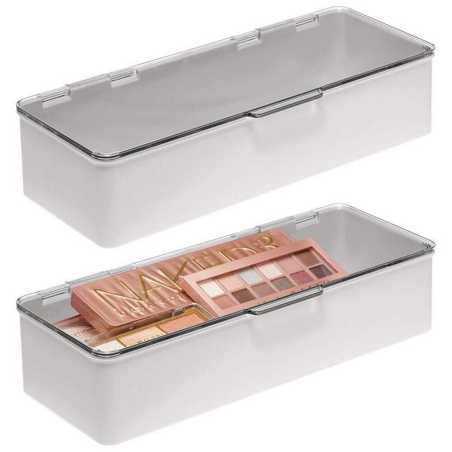 mDesign Stackable Box Bathroom Vanity Countertop Storage Hair Accessory Organizer Box with Hinged Lid for Makeup, Beauty, Hair, Nail Supplies - 2 Pack - Clear/Light Gray