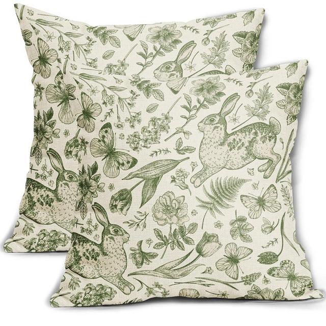 Cozywisper Spring Green Pillow Covers 18x18 Inch Set of 2 Rabbit Bunny Floral Leaf Butterfly Botanical Plants Print Decorative Throw Pillows Easter Seasonal Pillow Cases Couch Bed Sofa Decor