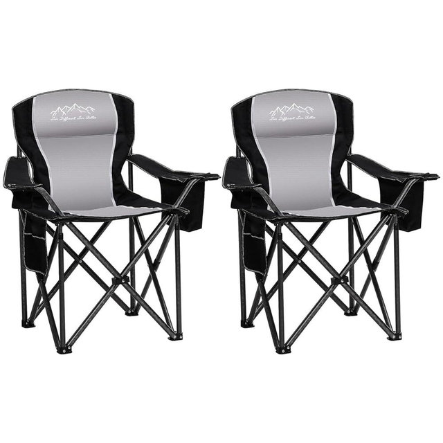 SAILARY 2PCS Folding Camping Chair, Heavy Duty Portable Lawn Chairs with Cooler Bag, Side Pocket & Cup Holder, Folding Chairs for Outside Support 450lbs Black