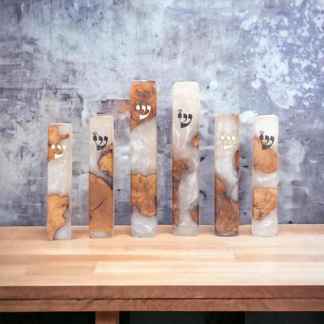 handcrafted mezuzah cases+ noncosher scroll as a gift.made from olive wood and resin. made in israel. color white. uniqe piece