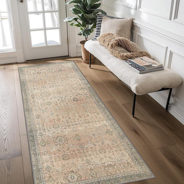 Bavni Rnner Rug 2x10 Machine Washable Boho Vintage Distressed Print Ultra-Thin Chenille Hallway Bedroom Kitchen Entrance Accent Rug, Low Pile Lightweight Non Slip, Retro Wood
