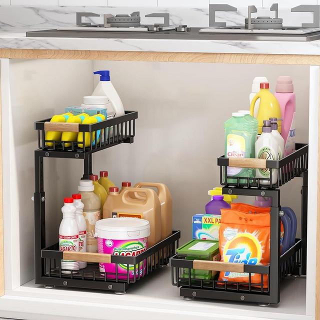 Under Sink Organizer,2 Pack Under Sink Organizers and Storage Basket, 2 Tier Metal Slide out Sink Shelf Pull out Cabinet Organizer Drawers for Kitchen Bathroom Pantry Closet Home Cabinet Organization