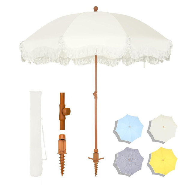 MFSTUDIO 7ft Patio Beach Umbrella with Fringe, Tassel Umbrellas with Sand Anchor & Tilt Button, Holiday Outdoor Umbrella with Carry Bag