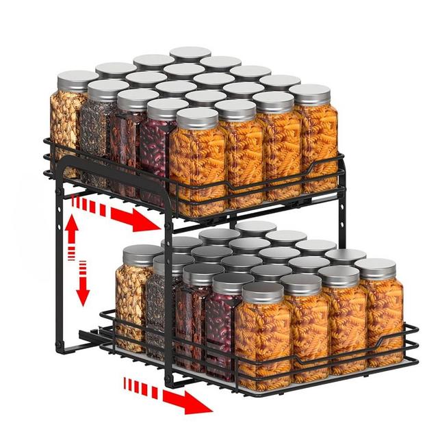 2-Tier Spice Rack Organizer for Cabinet, Double-tier Shelves Pulled out Independently, Ball-bearing System Slides out Ultra-smooth, 3 Level Adjustable Height, Large Storage Space 9.2"Wx10.4"Dx9.1"H
