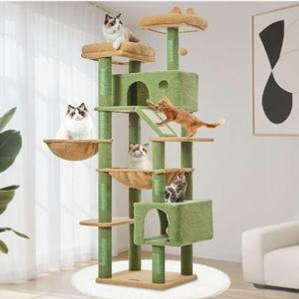 Cactus Cat Tree, 71-Inch Cat Tower for Indoor Cats Large Adult, Multi-Level Large Cat Condo, 8 Sisal Scratching Posts, Metal Frame Cozy Hammock, Scratch Board, 2 Top Perches, MSC026L
